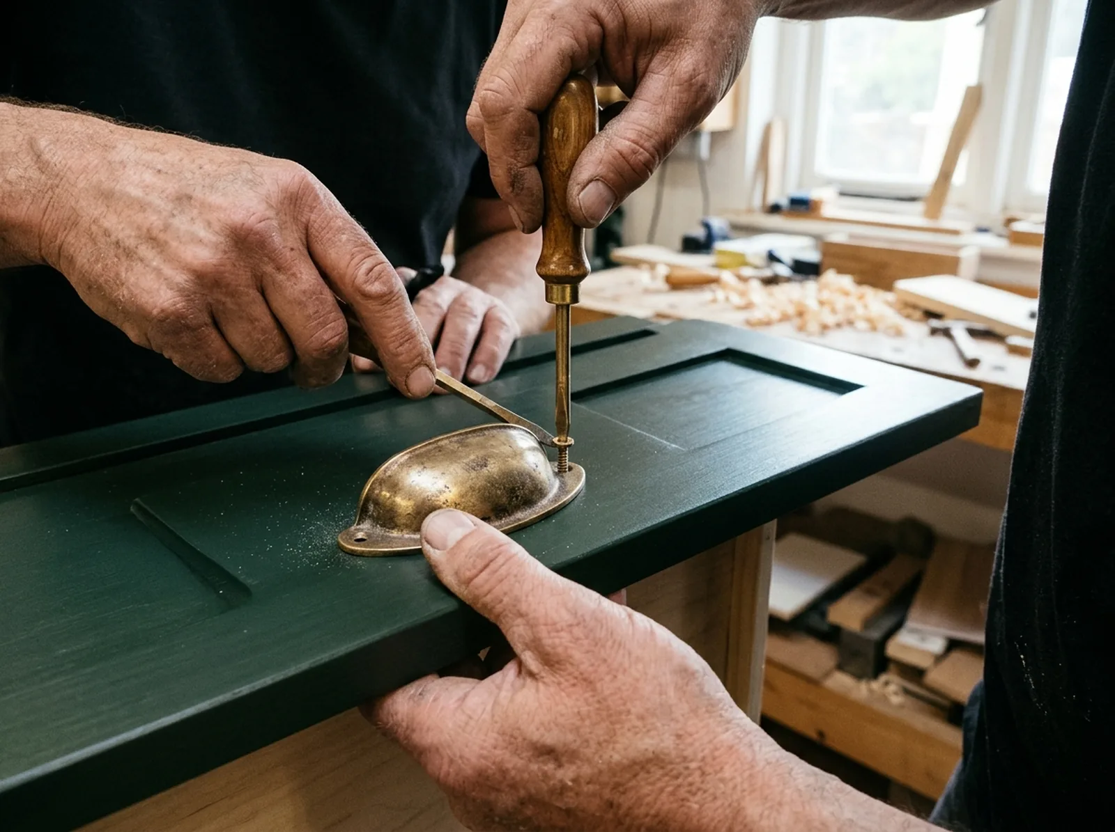Hands fixing an aged brass cup handle to a resprayed green drawer front with a screwdriver
