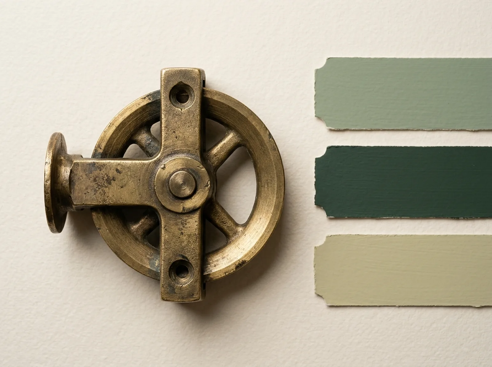 Solid brass sash axle pulley resting on stepped Farrow and Ball colour swatch cards