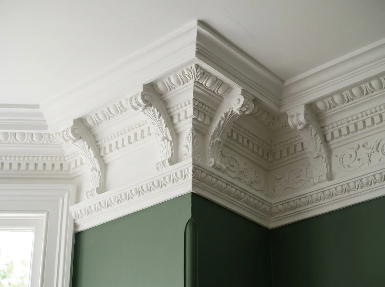 Close detail of an ornate white Victorian plaster cornice with corbels meeting a heritage green wall