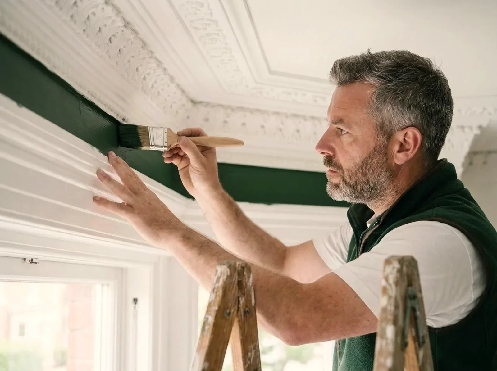 Paul Rutherford, in his green work gilet, cutting in a deep green wall beneath an ornate Victorian plaster cornice