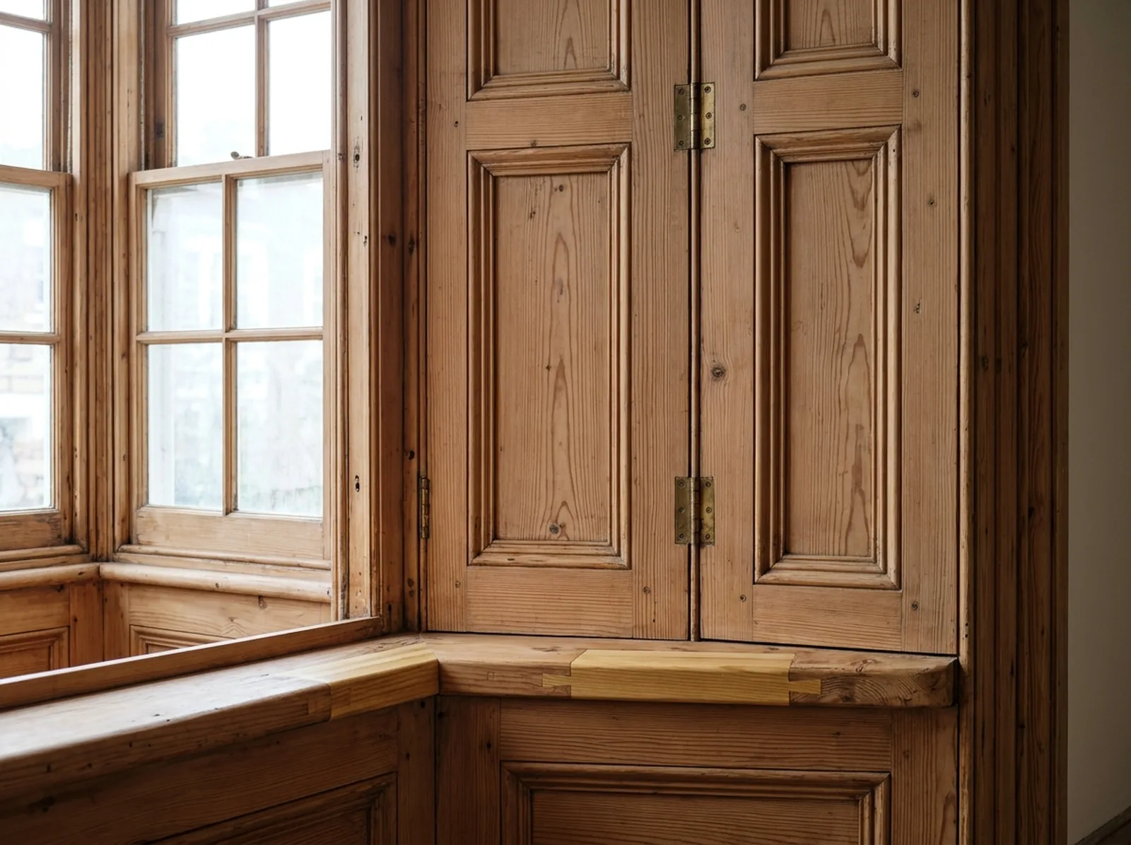 Victorian bay window and panelled shutters stripped back to bare Baltic pine joinery before restoration